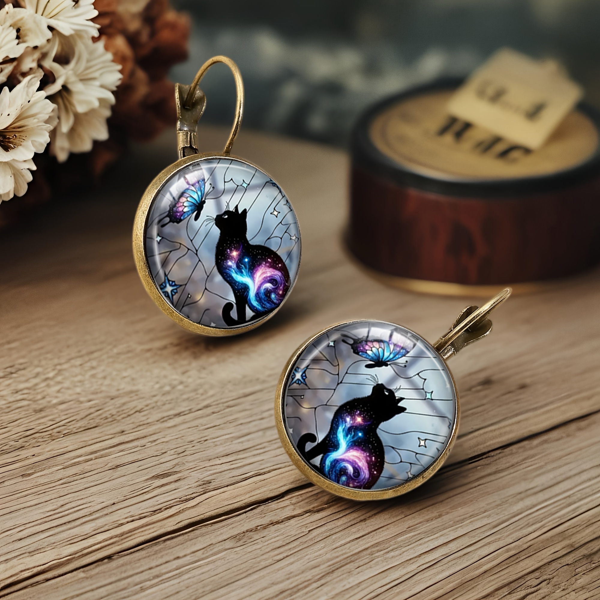 Galaxy Cat & Butterfly Pendant Earrings